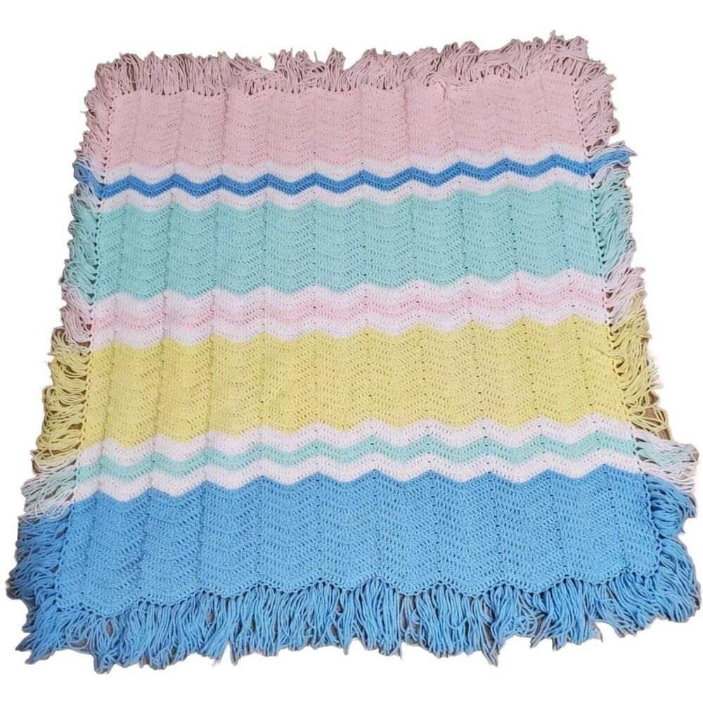 Handmade Crochet Chevron Ripple Baby Blanket Lap Afghan Multicolor With Fringe